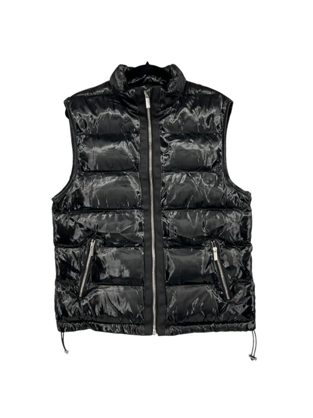 Manière De Voir High Gloss Black Puffer Vest Size Large Shiny Nylon Zip Front